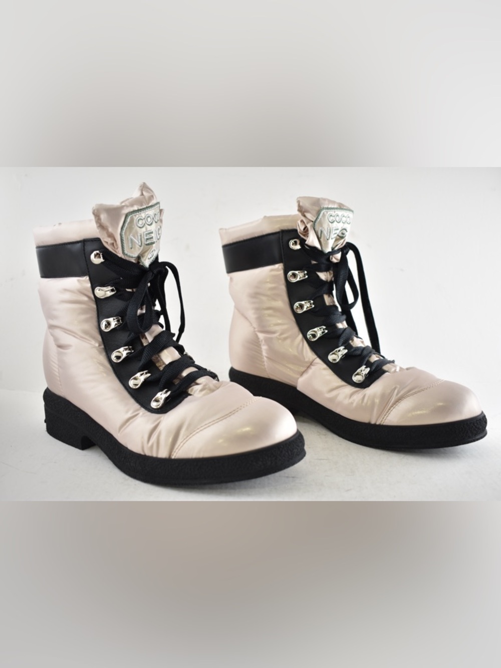 Chanel 18B Coco Neige Pink Black CC Logo Snow Winter Lace Up Tie Combat Boots 37 - Picture 3 of 16